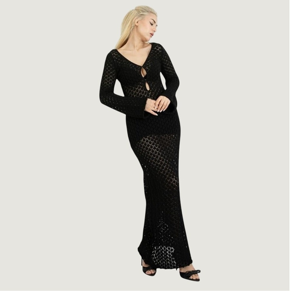 Atelier Zest Crochet Maxi Dress‎ Black Sheer Coverup One Size NWT